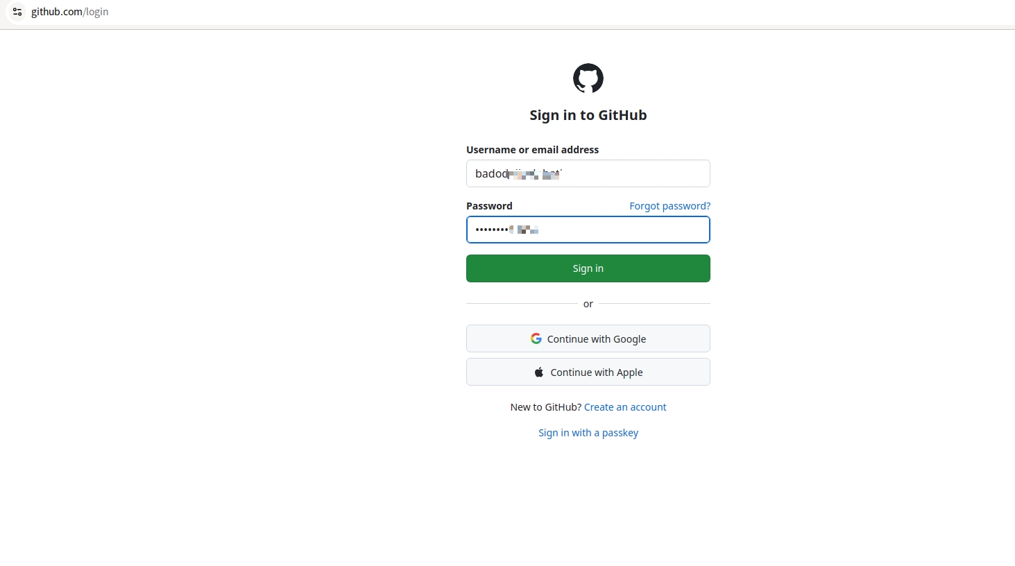 GitHub 登录页填写用户名和密码