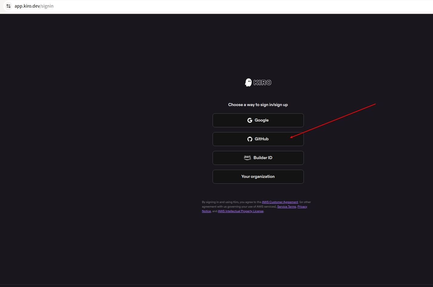 Kiro 登录页选择 GitHub 登录方式